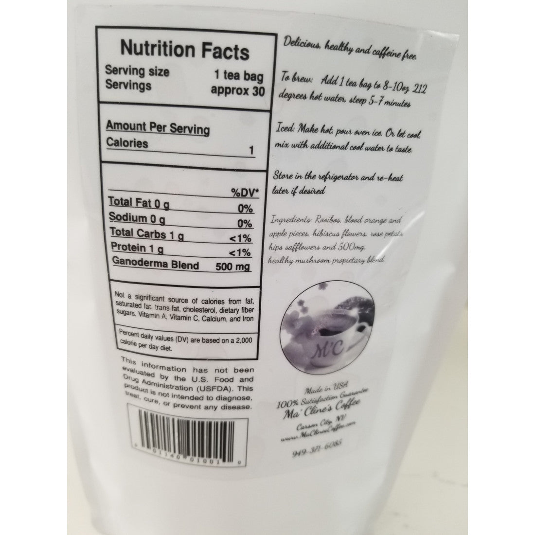 White bag with rear label of Ma' Cline's delicious GanoCelebrate Rooibos Tea. Nutrition Facts and preparation instructions