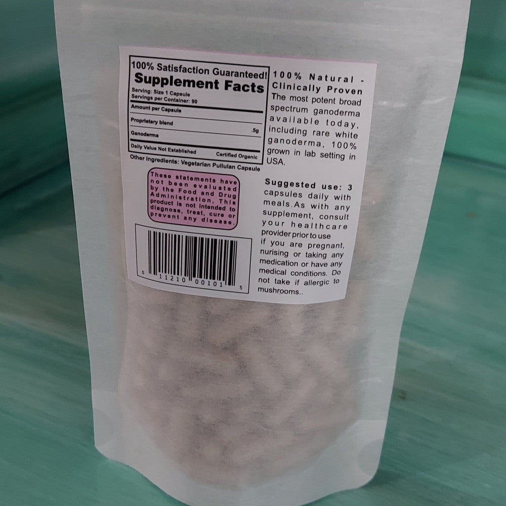 Photo of the rear label of Ma' Cline's Gano2~Max a dietary supplement, Ganoderma Mushroom Blend 90 food capsules 500 mg each. www.maclinescoffee.com, Carson City, NV 89701, 949-371-6085, Suggested use, 3 capsules per day