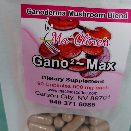 Photo of the front label of Ma' Cline's Gano2~Max a dietary supplement. Ganoderma Mushroom Blend 90 capsules 500 mg each. www.maclinescoffee.com, Carson City, NV 89701, 949-371-6085, background photo of ganoderma lucidum red mushrooms.