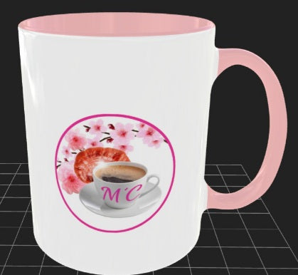 11 ounce traditional shape coffee mug, white with pink interior and pink handle. Decorated with Ma' Cline's logo on one side and the words "Got Gano?" on the other side in pink script.