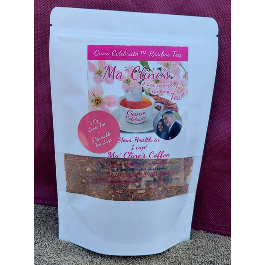 White bag with pink toned front label of Ma' Cline's GanoCelebrate Chaga Rooibos Tea. Background photo is pink cherry blossoms, and red Rooios loose tea, behind a white cup of delicious, steaming Rooibos tea, labeled GanoCelebrate in pink letters.