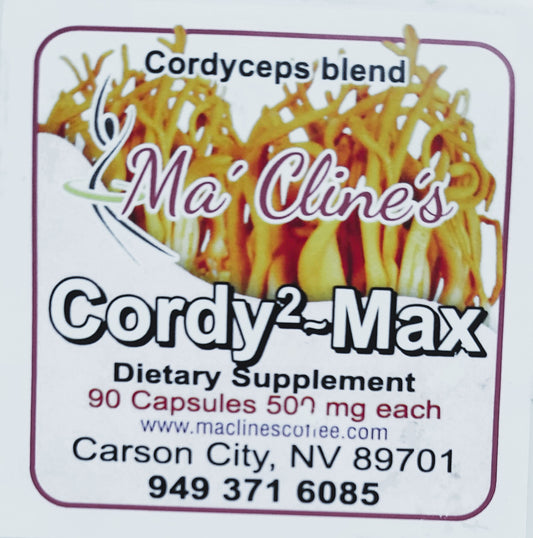 Photo of the front label of Ma' Cline's Cordy2~Max a dietary supplement. Cordyceps Mushroom Blend 90 capsules 500 mg each. www.maclinescoffee.com, Carson City, NV 89701, 949-371-6085, background photo of cordyceps militaris
