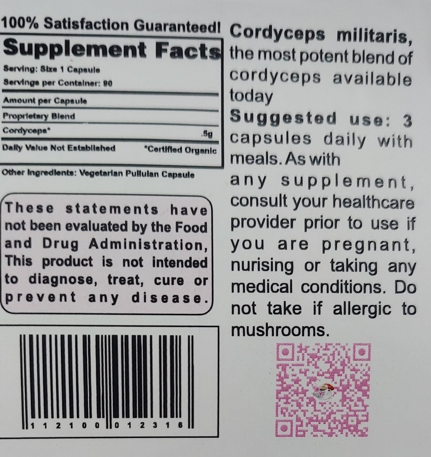 Photo of the rear label of Ma' Cline's Cordy2~Max a dietary supplement. Cordyceps Mushroom Blend 90 capsules 500 mg each. www.maclinescoffee.com, Carson City, NV 89701, 949-371-6085, Suggested use, 3 capsules per day