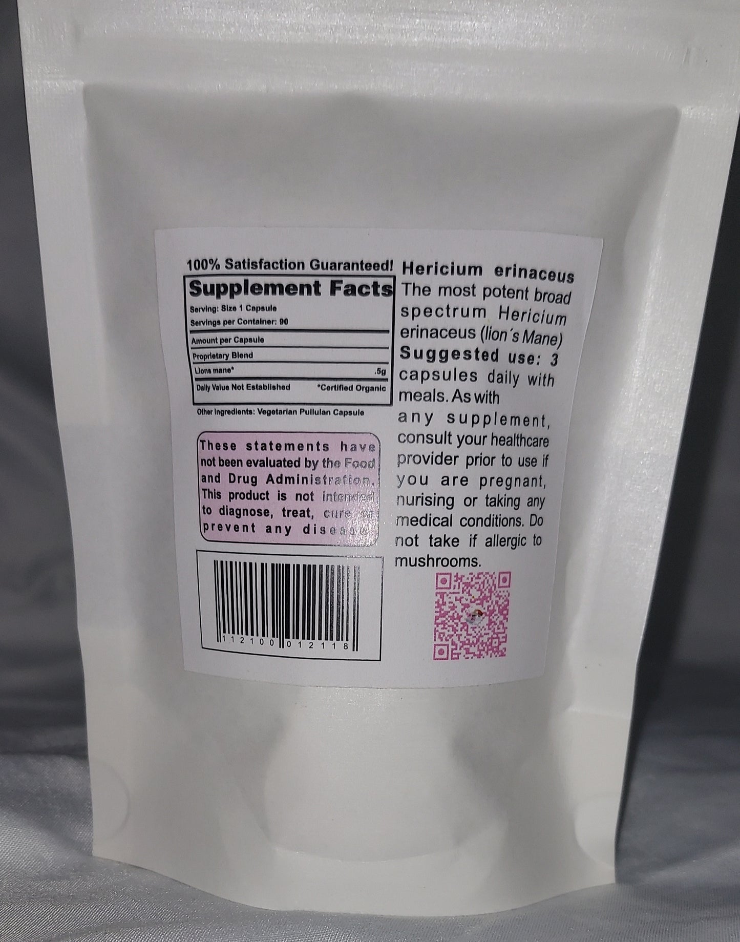Photo of the back label of Ma' Cline's Heri2~Max a dietary supplement. Lion's Mane (hericium erinaceus} Mushroom Blend 90 capsules 500 mg each. Inonotus Obliquus, www.maclinescoffee.com, Carson City, NV 89701, 949-371-6085, Suggested use 3 capsules daily with water