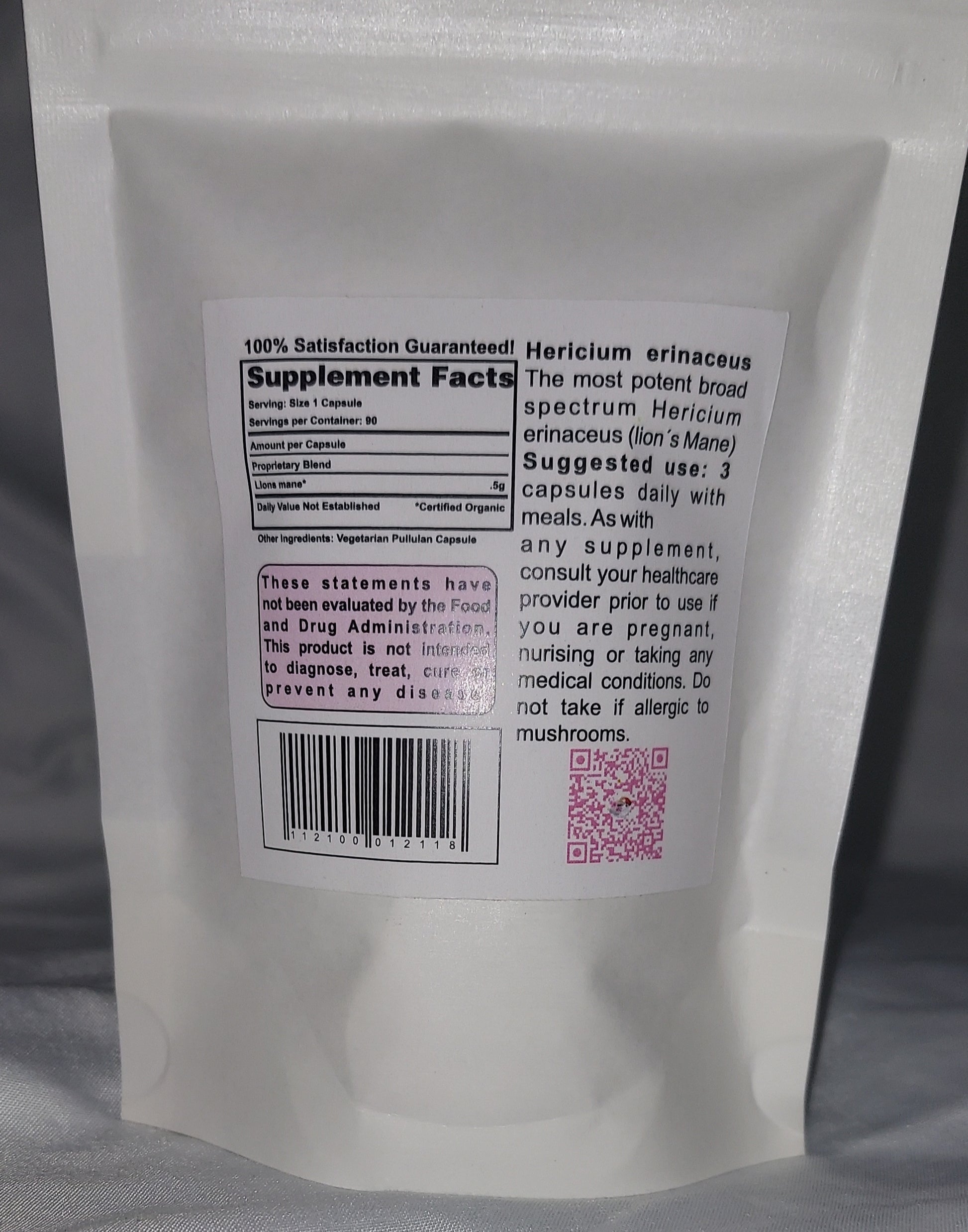 Photo of the back label of Ma' Cline's Heri2~Max a dietary supplement. Lion's Mane (hericium erinaceus} Mushroom Blend 90 capsules 500 mg each. Inonotus Obliquus, www.maclinescoffee.com, Carson City, NV 89701, 949-371-6085, Suggested use 3 capsules daily with water