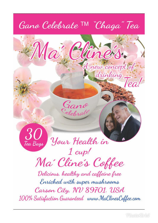 White bag with pink toned front label of Ma' Cline's GanoCelebrate Chaga Rooibos Tea. Background photo is pink cherry blossoms, and red Rooios loose tea, behind a white cup of delicious, steaming Rooibos tea, labeled GanoCelebrate in pink letters.