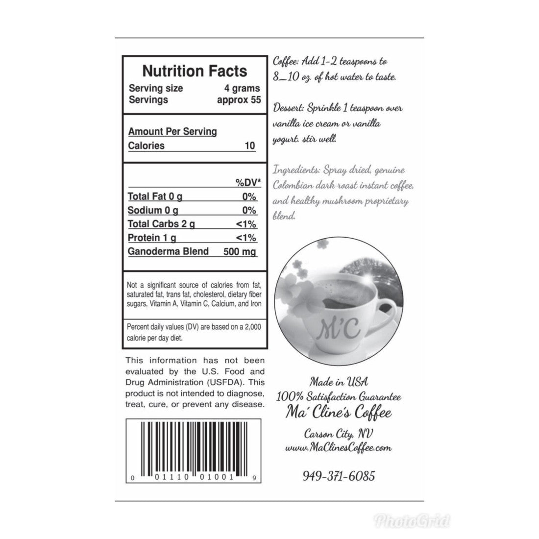 White bag with rear label of Ma' cline's delicious vital Instant Coffee. Nutrition Facts and preparation instructions.