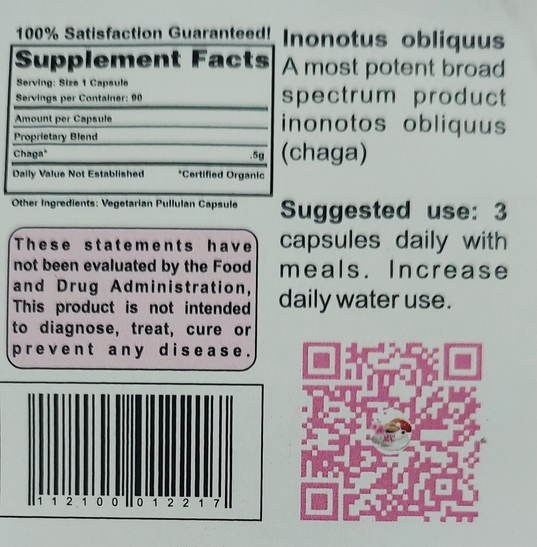 Photo of the back label of Ma' Cline's Chaga2~Max a dietary supplement. Chaga Mushroom Blend 90 capsules 500 mg each. Inonotus Obliquus, www.maclinescoffee.com, Carson City, NV 89701, 949-371-6085,  Suggested use 3 capsules daily with water