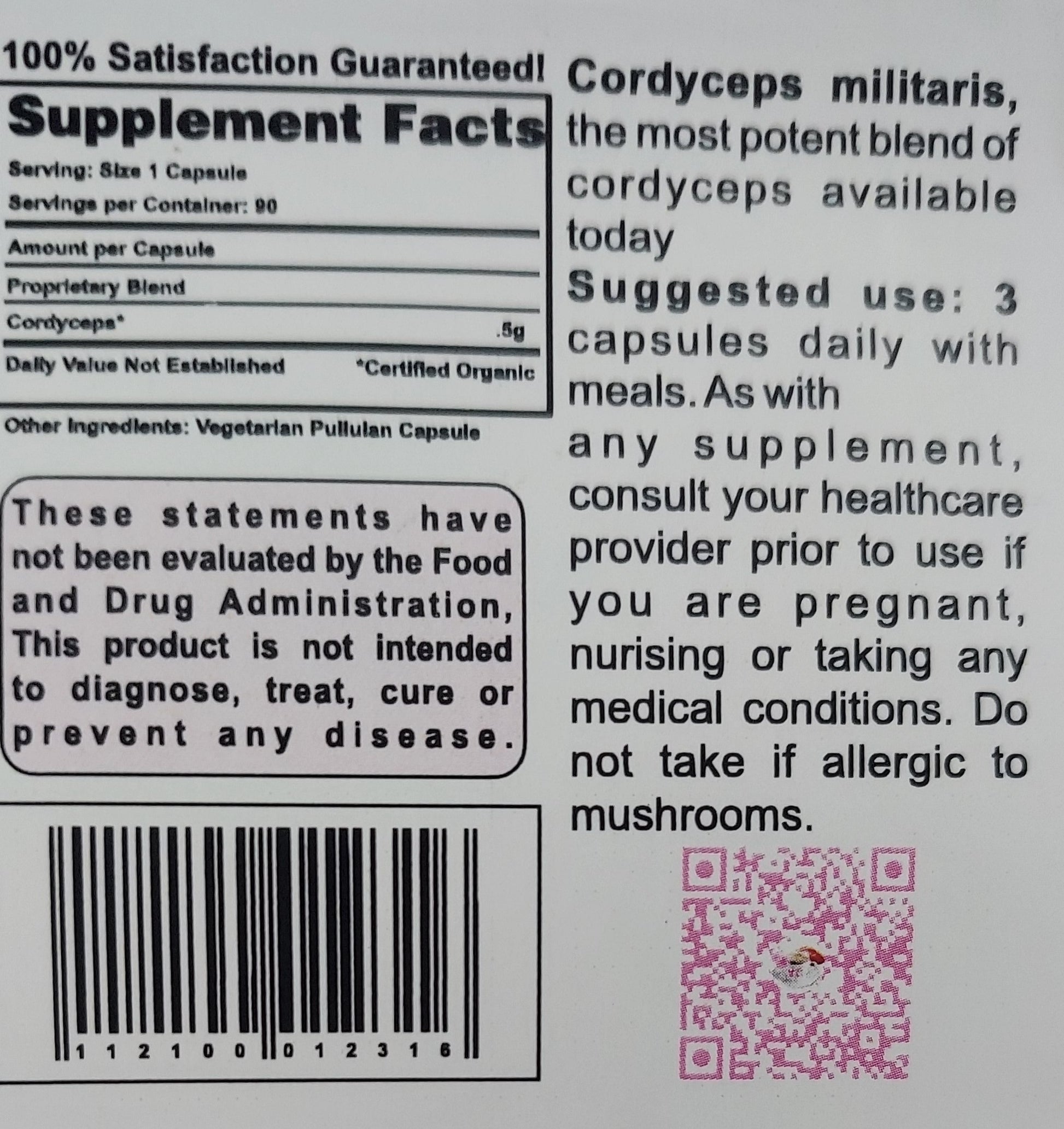 Photo of the rear label of Ma' Cline's Cordy2~Max a dietary supplement. Cordyceps Mushroom Blend 90 capsules 500 mg each. www.maclinescoffee.com, Carson City, NV 89701, 949-371-6085,  Suggested use, 3 capsules per day