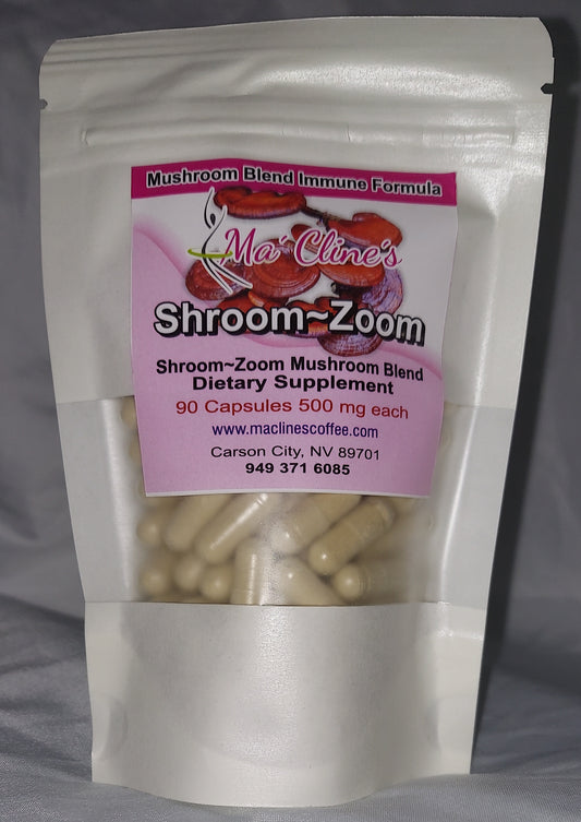 Photo of a bag showing the front label of Ma' Cline's ShroomZoom a dietary supplement. Shroom Zoom Mushroom Blend 90 capsules 500 mg each. www.maclinescoffee.com, Carson City, NV 89701, 949-371-6085, background photo of Red Ganoderma Mushrooms.  Cordyceps sinensis, Agaricus blazei (Almond Mushroom), Lentinula edodes (Shitake), Grifola frondosa (Maitake), Ganoderma lucidum (Red Reishi), and Coriolus [Trametes] versicolor (Turkey Tail).