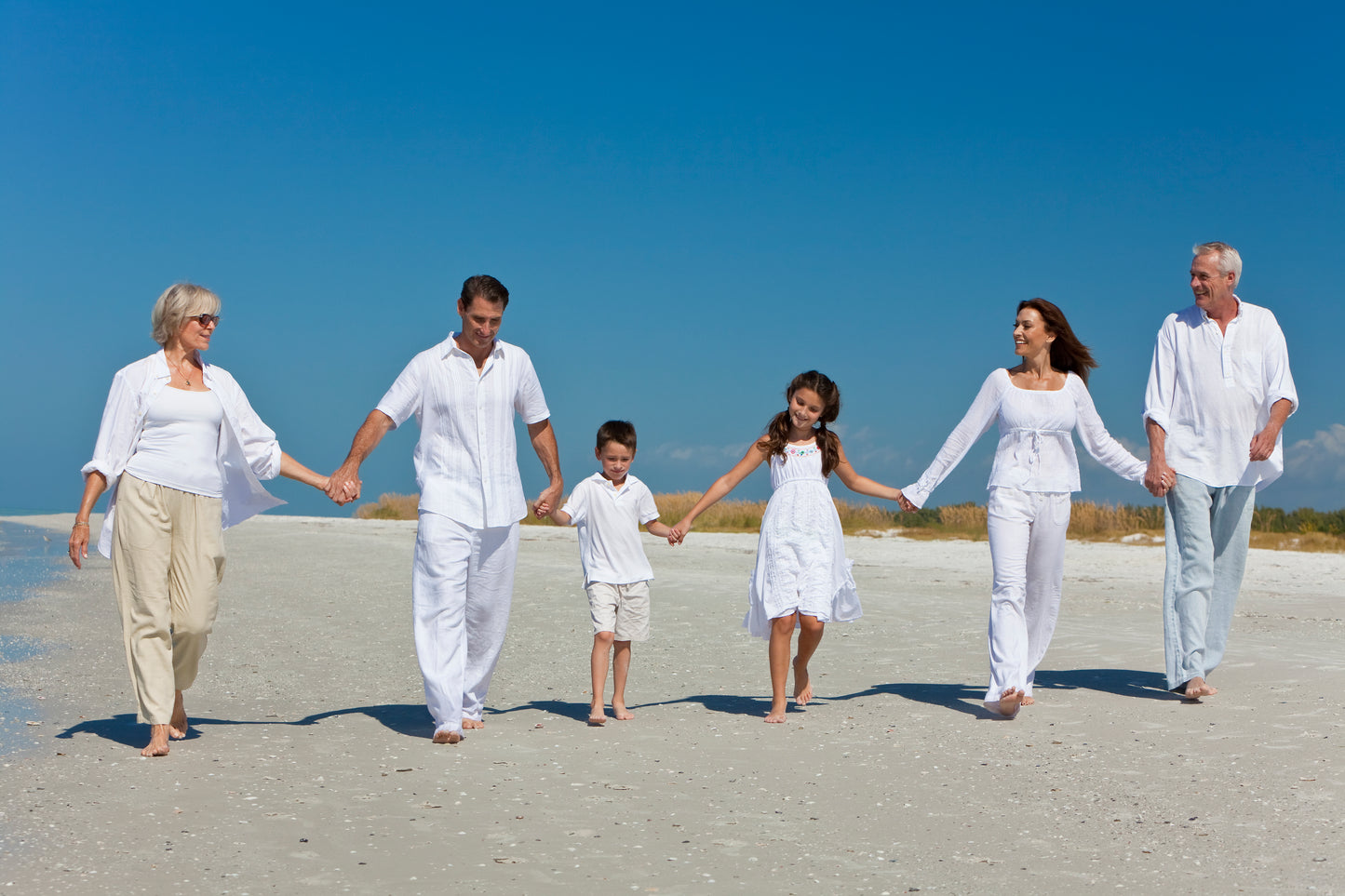 Happy, healthy family of 6, two grand parents, two parents, and their two children walking hand in hand on a white sandy beach