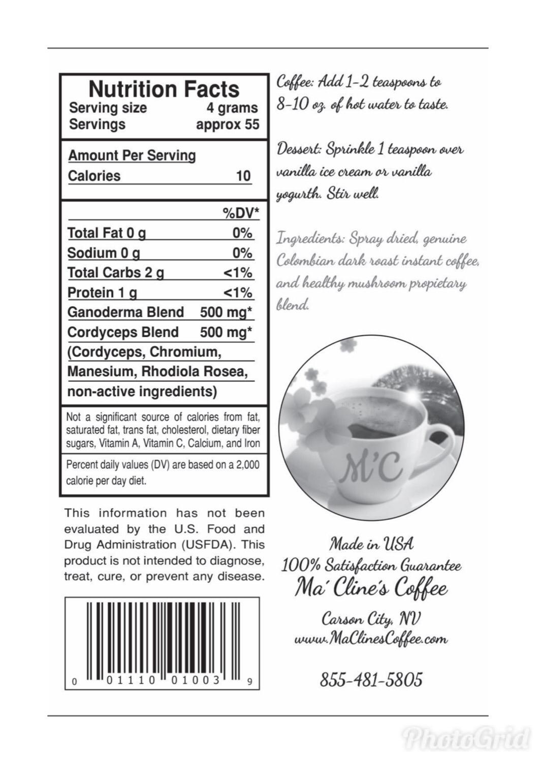 White bag with rear label of Ma' cline's delicious vital Instant Coffee. Nutrition Facts and preparation instructions.